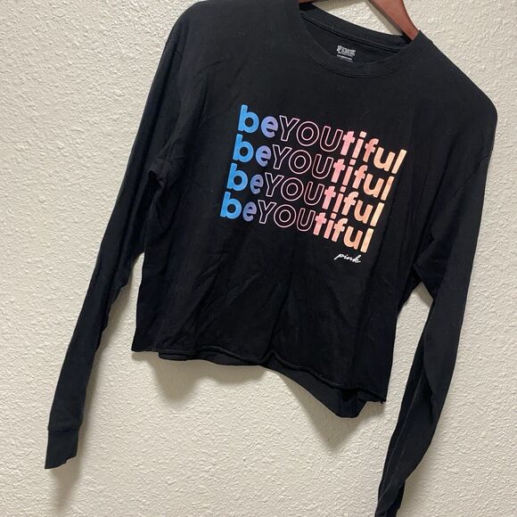 Victoria's Secret Tops - victorias secret pink cropped shirt top medium small black beyoutiful vs r1